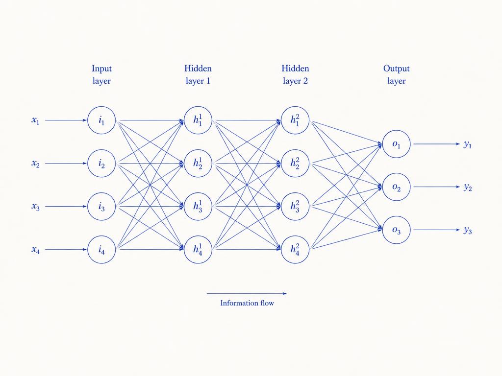 Technical diagram of a layered neural network in blue line art